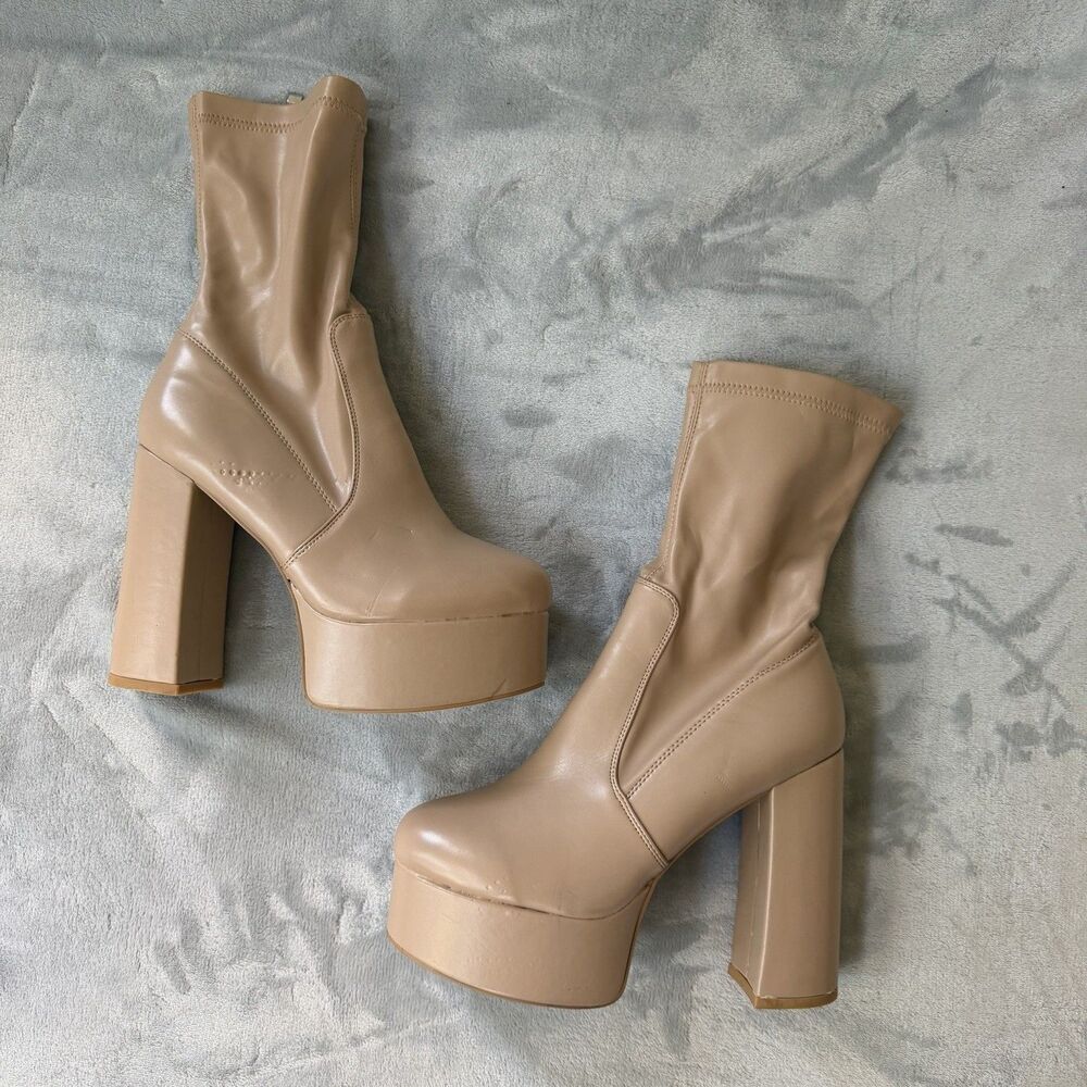 SIMMI London Beige Platform Sock Boots Block Heel Nude Booties UK 7 US 9 Size 9
